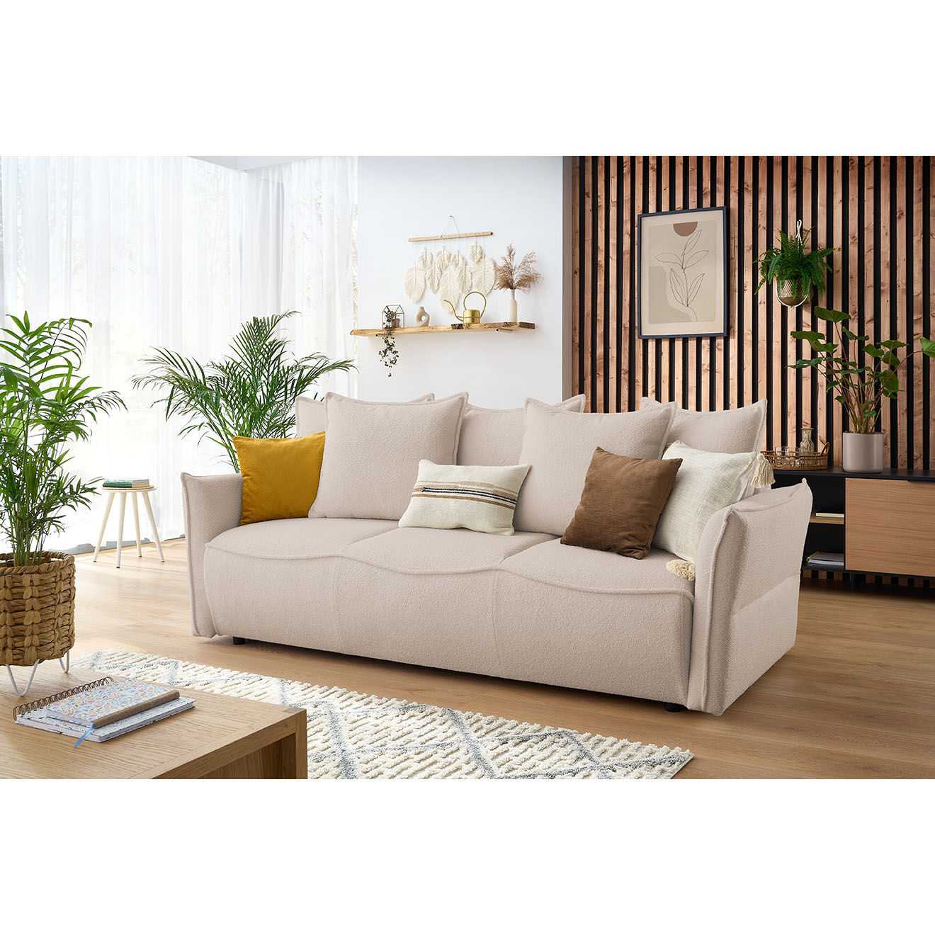 Bobochic Canapé 3 places convertible coffre Bouclette Leon beige - 226x97x90 cm