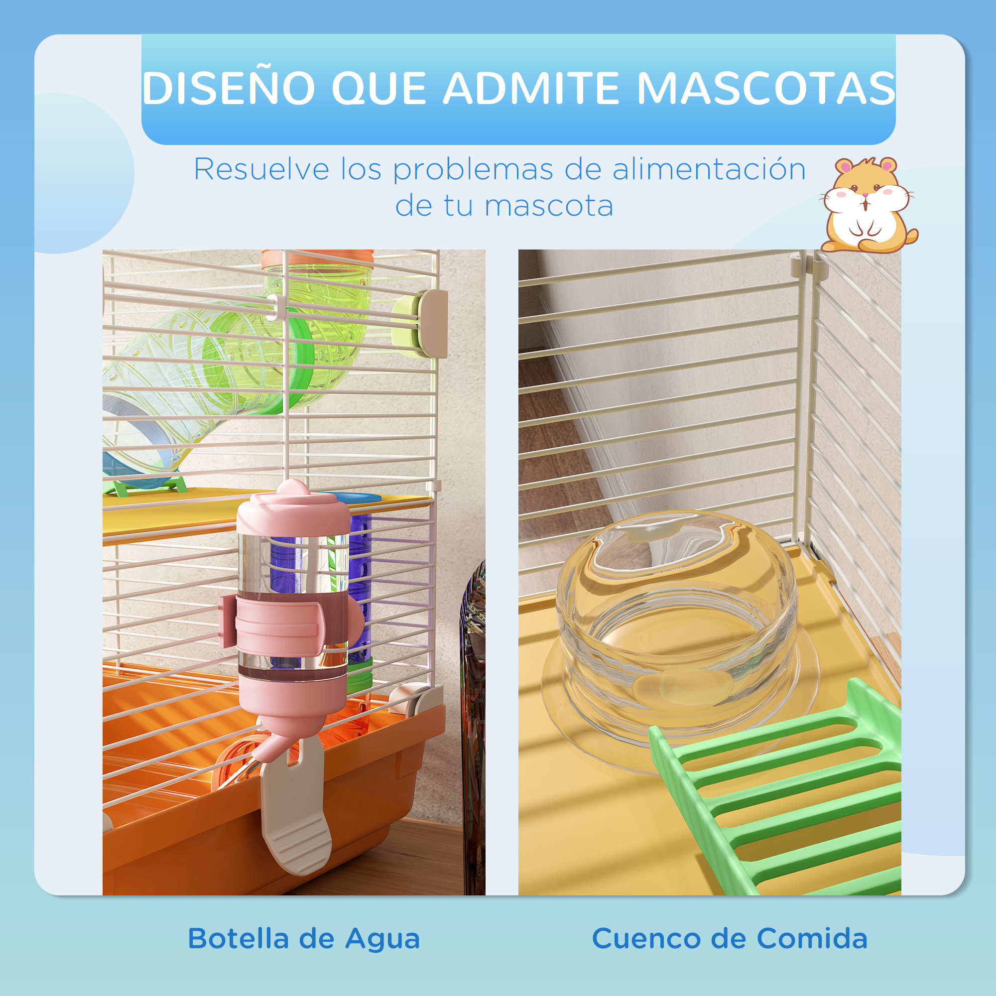 Gaiola PawHut para Hamster, Casinha para Pequenos Animais com Túnel, Plataformas, Bebedouro, Rampas e Roda de Exercícios, 46x30x58 cm, Laranja