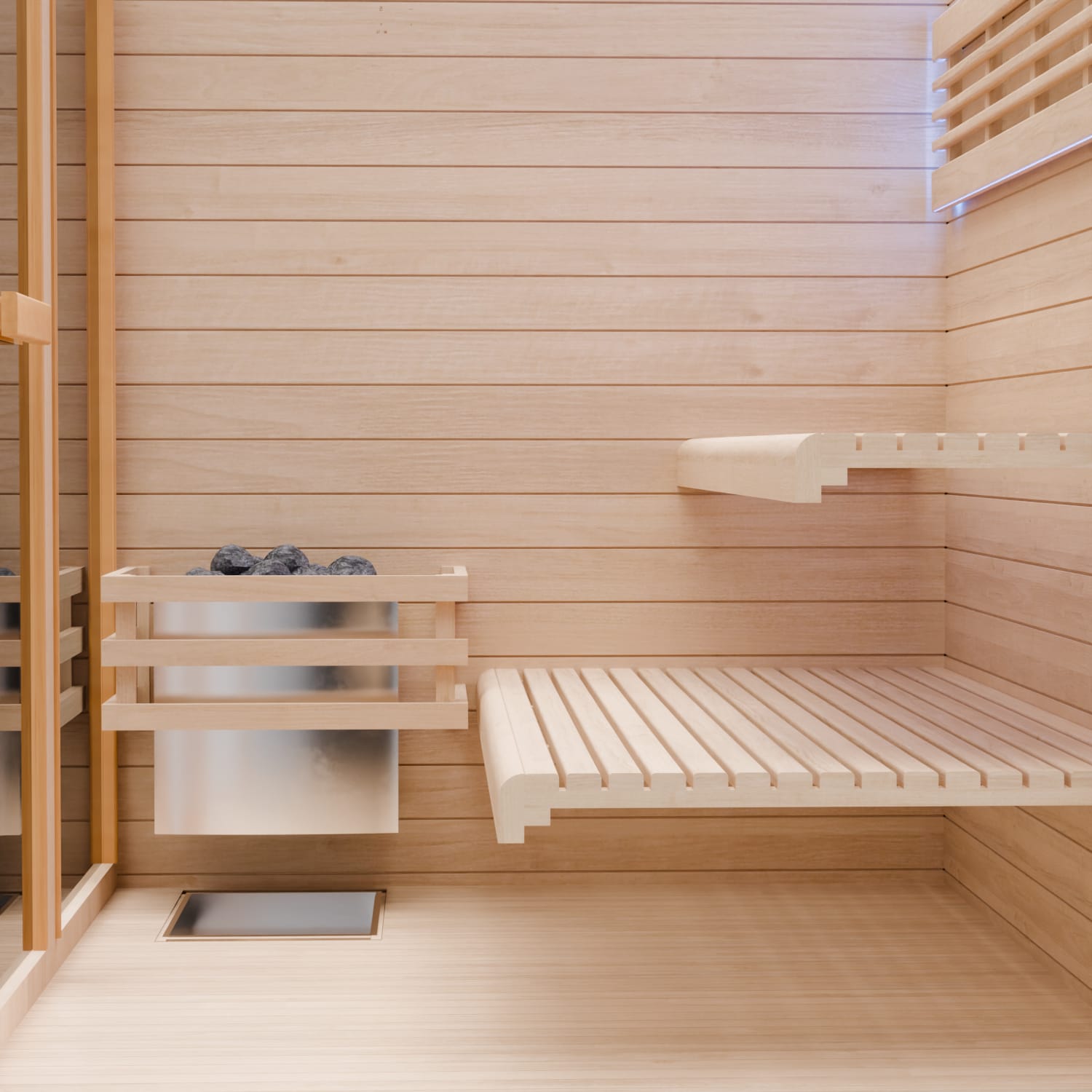 Dewello Finnische Sauna TOFINO 160x150 Kabine aus Hemlock Tannenholz mit,4,5 kW Harvia Ofen, inkl Sauna Set