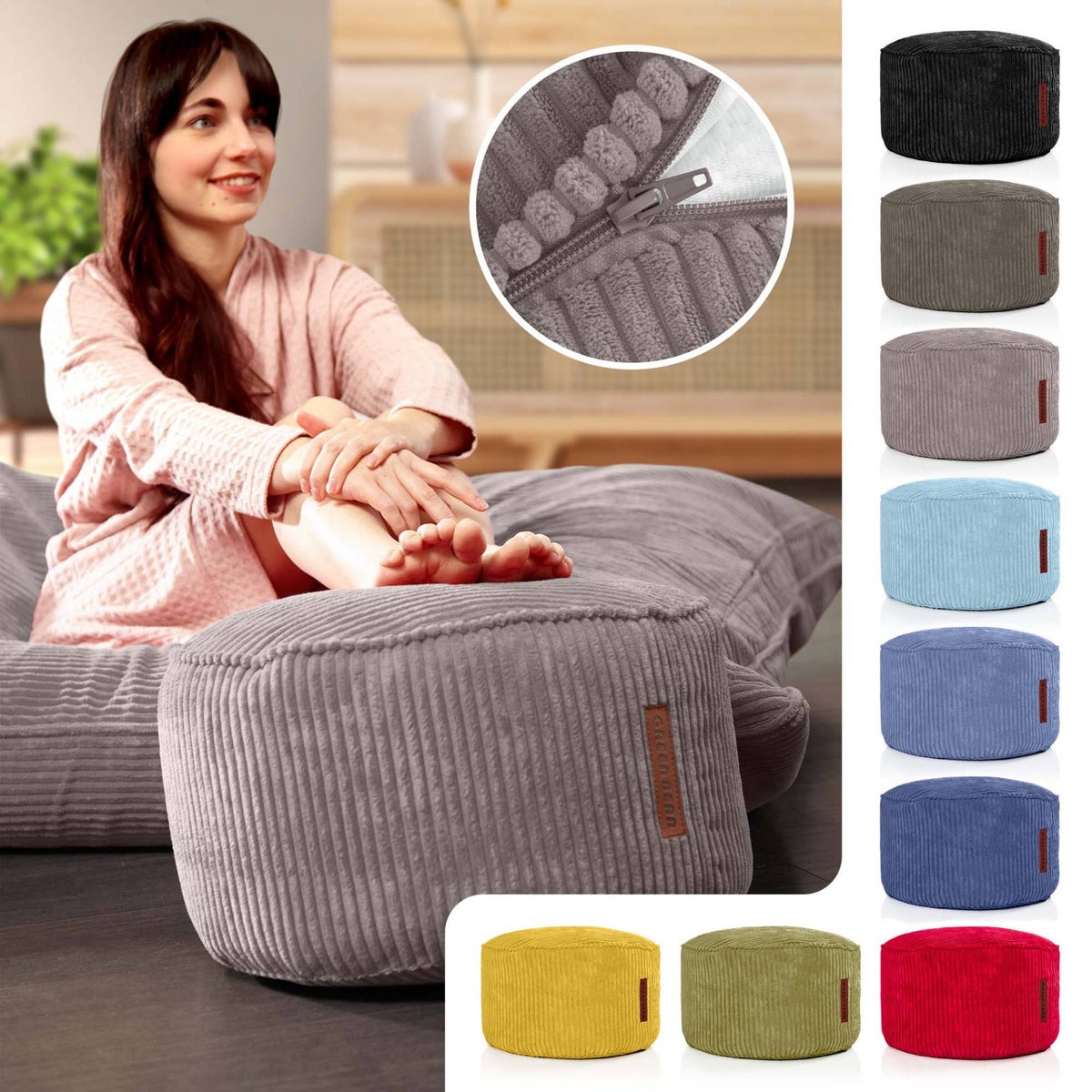 Groene bonen poef kussen 45x25cm met EPS kralen vulling & corduroy stof vloerkussen ligstoel kussen zitkussen poef fauteuil kinderen volwassenen stoffen kruk opbergruimte grijs