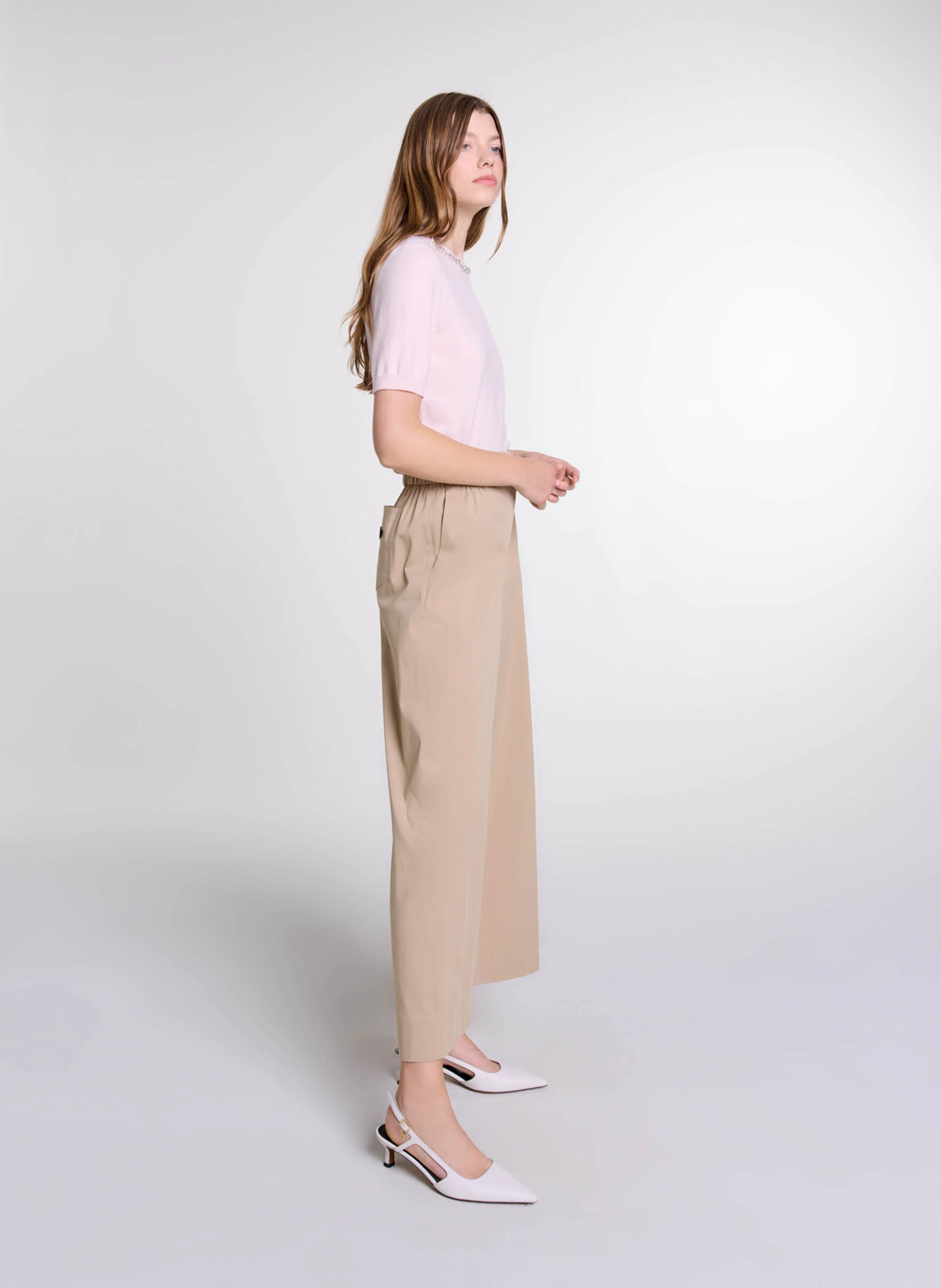 Pantalon large en coton mélangé | Beige