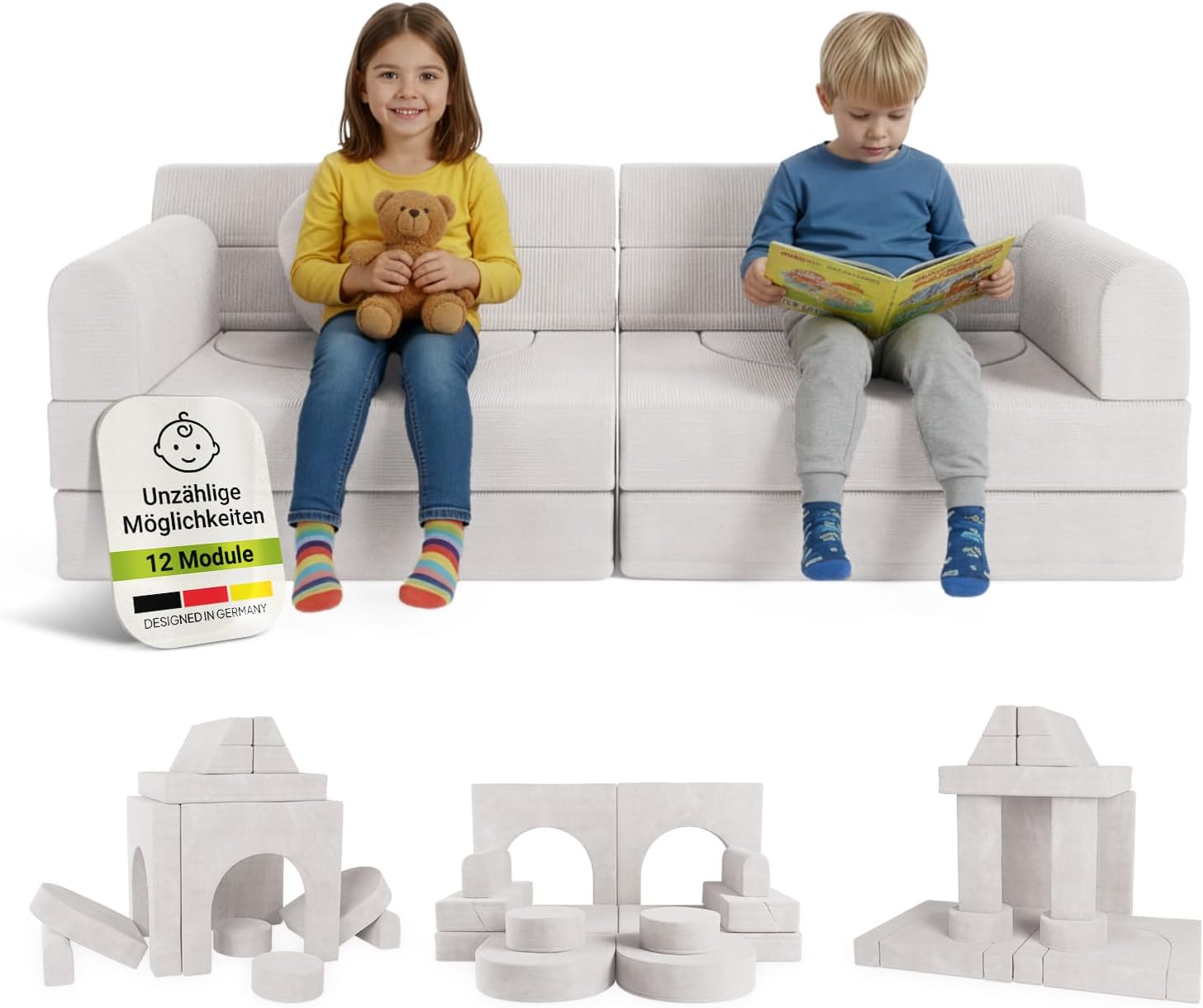 Juskys® Kindersofa Kayo – Cord, modular & weich, Sofa für Kinderzimmer & Spielzimmer, sicher, flexibel, pflegeleicht, mit abnehmbaren Bezügen – Beige