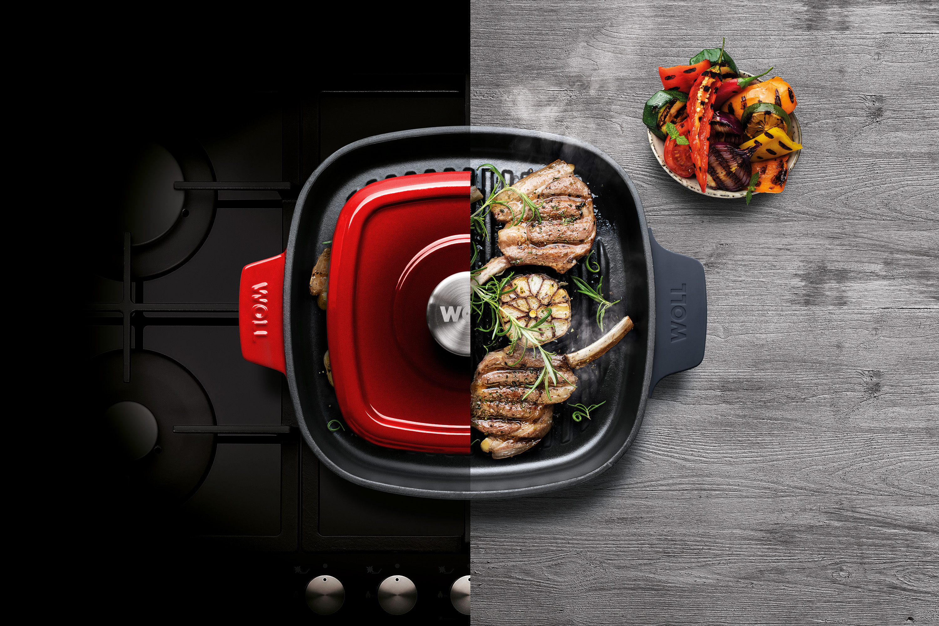 Iron Guss-Grillpfannen-Set mit 2 Steakmessern - Farbe: Chili Red