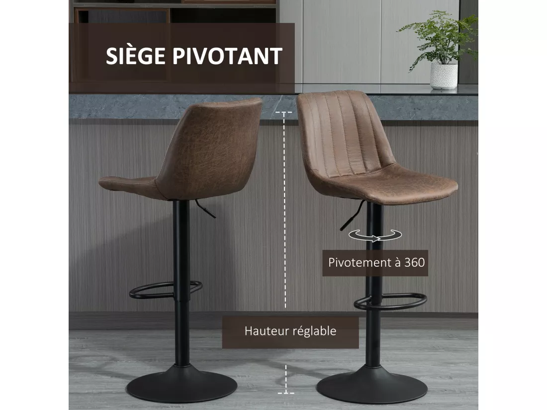 Lot de 2 tabourets de bar style vintage hauteur réglable pivotant repose-pied marron