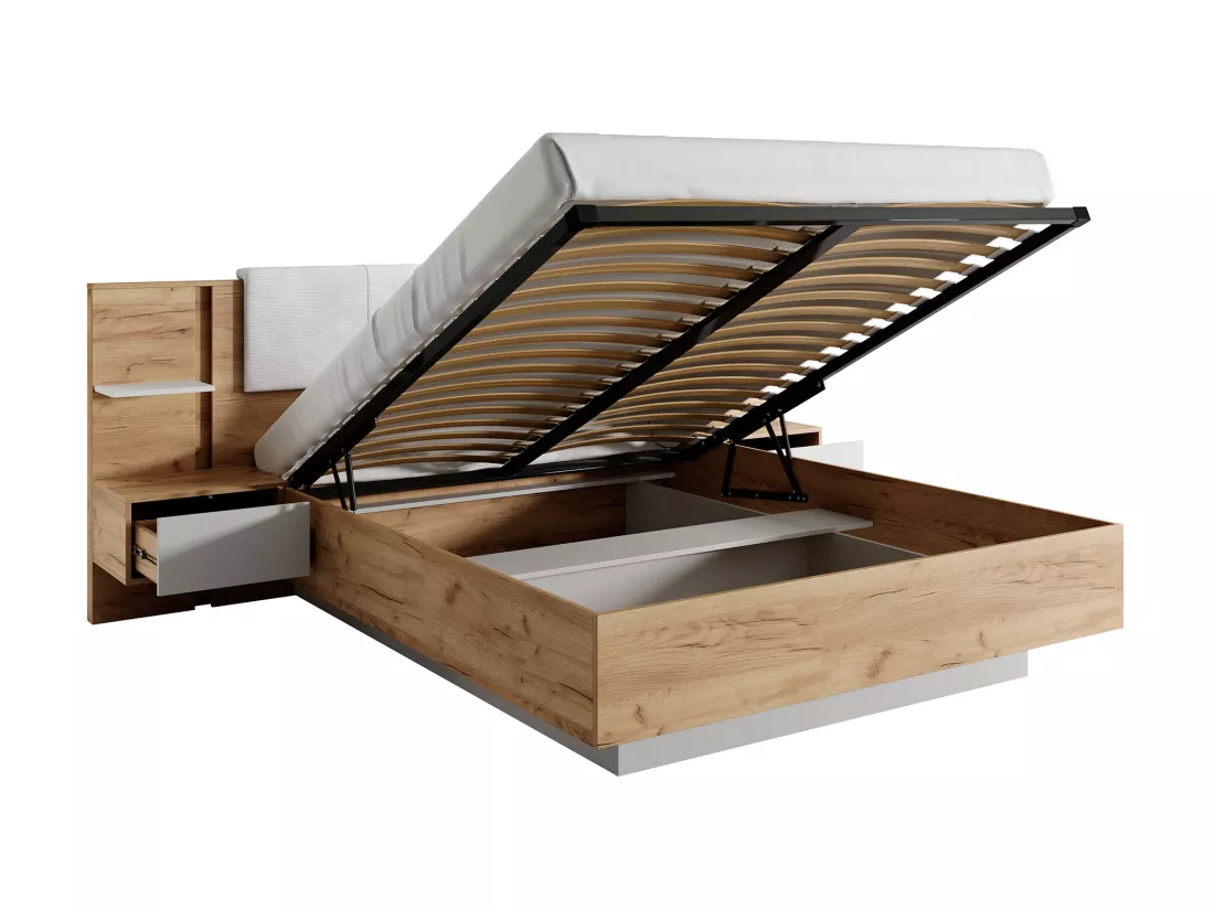 Lit coffre avec chevets 160 x 200 cm - Avec LEDs - Coloris : Naturel et blanc - ELYNIA