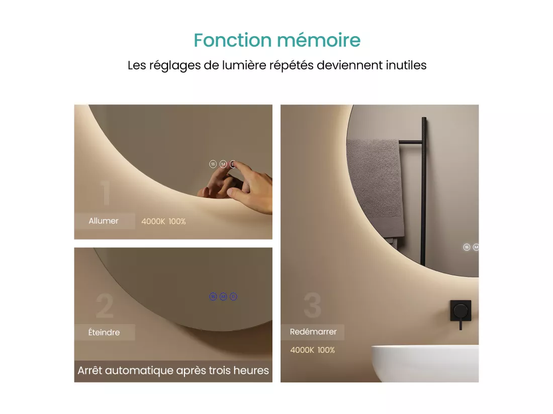 EMKE Miroir lumineux salle de bain rond diamètre 60cm, Miroir LED rétro-éclairage avec Interrupteur Tactile, Anti-buée, Blanche Froide/Neutre/Chaude