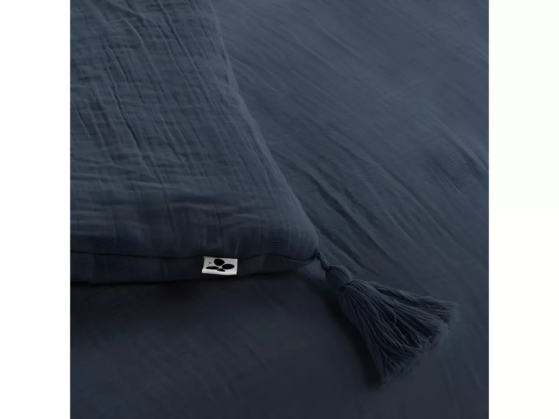 Édredon 90 x 200 cm gaze de coton bleu nuit avec 4 pompons - PEPA