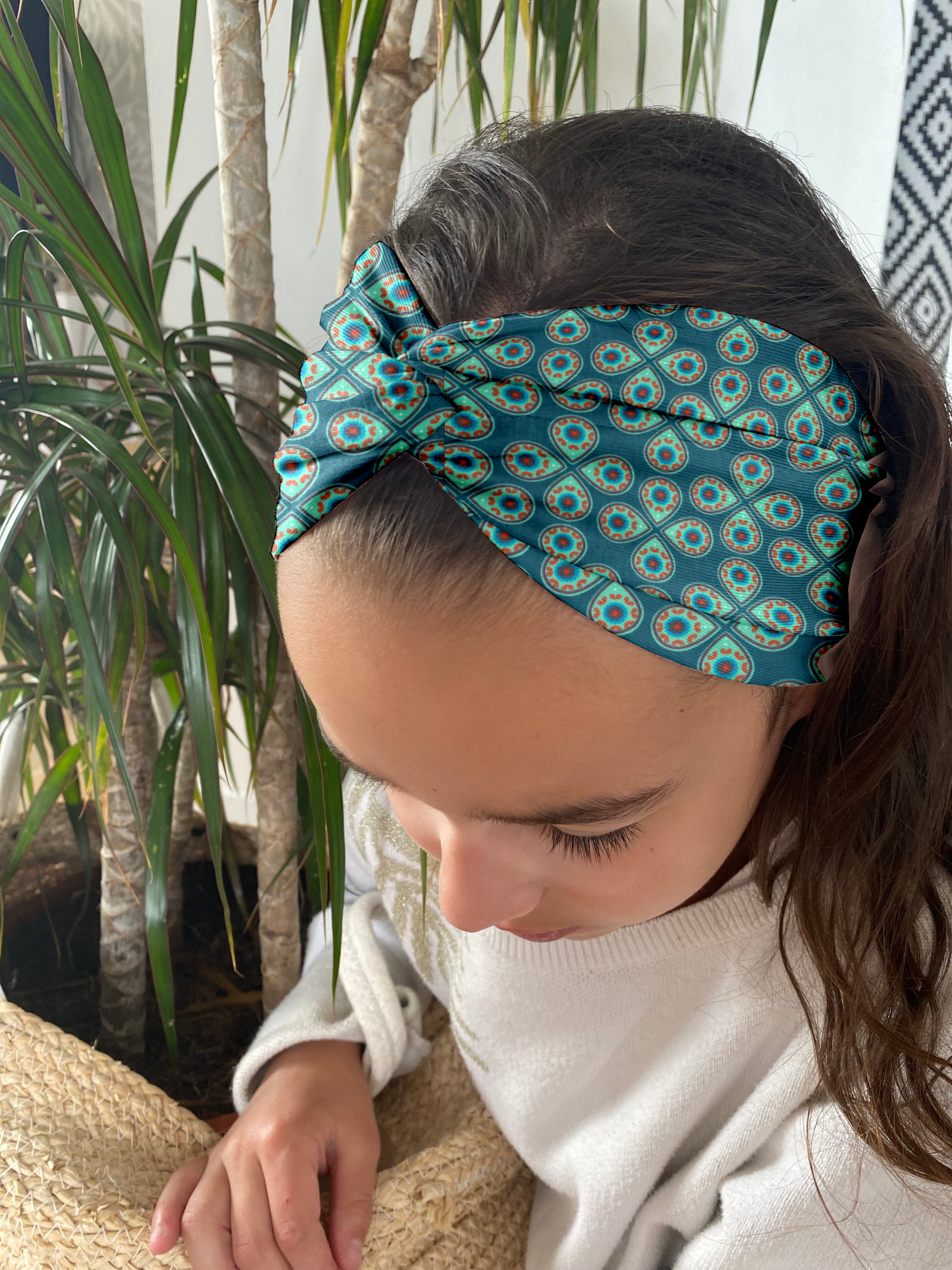 Bandeau Jersey Croisé Enfant Trèfle Turquoise