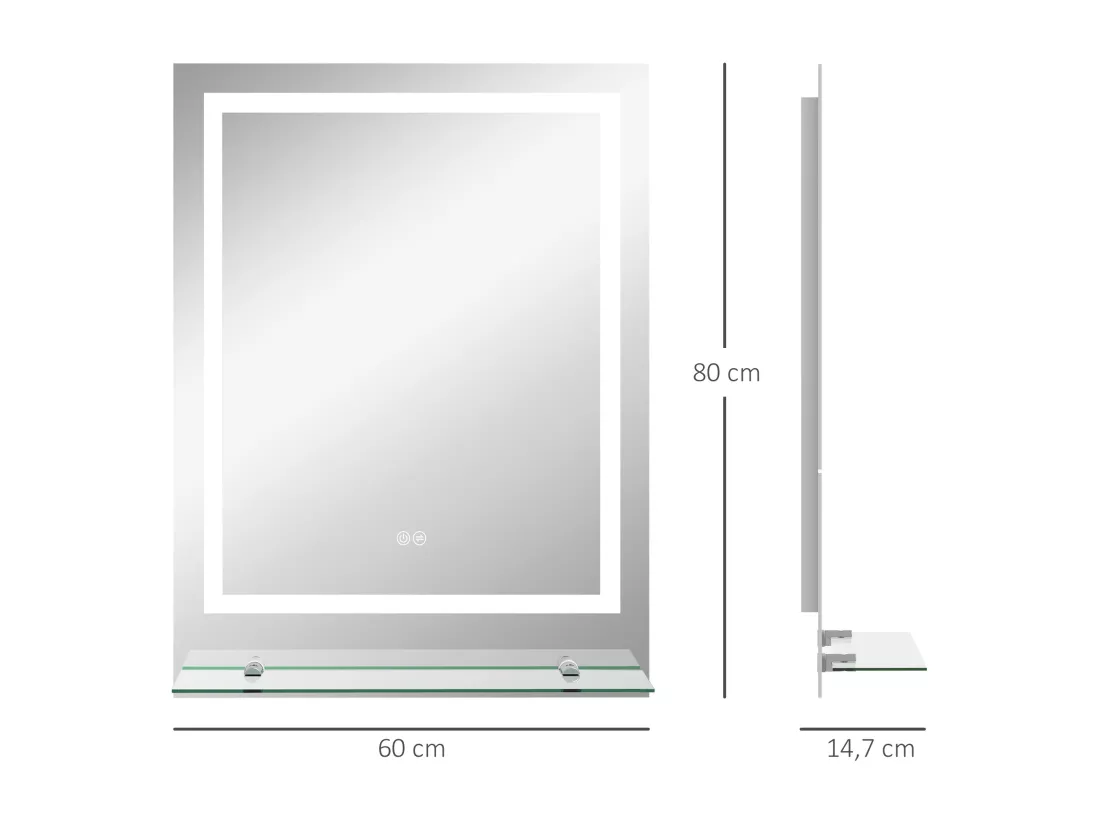 Miroir lumineux LED 43W antibué réglable interrupteur tactile étagère intégrée 60L x 14P x 80H cm