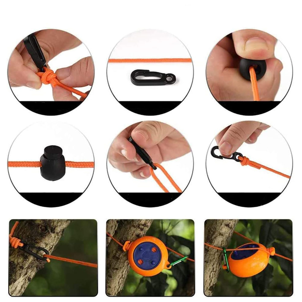 (31-tlg. Set) 8m Robuste Wäscheleine Survival Camping Schnur mit 20 Wäscheklammern / 10 Kordelstopper - Orange / Blau