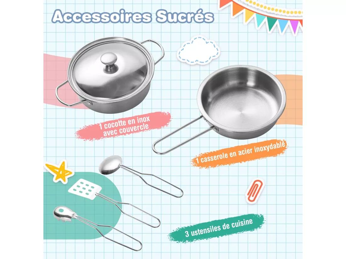 Cuisine d’Angle Enfants avec Réfrigérateur Latéral, Cuisinière de Jeu en Bois avec Machine à Laver, Téléphone Simulé, Ustensiles de Cuisine, Jouet d’Imitation pour Tout-Petits de 3 Ans+