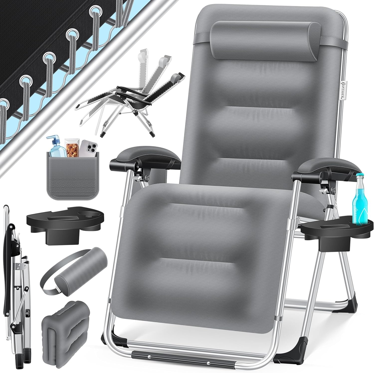 KESSER® Sonnenliege Liegestuhl,Gartenliege extra breit & Wetterfest,Belastbar 200kg,Ergonomisches Polster verstellbare Rückenlehne inkl. Nackenkissen Getränkehalter Armpolster & Seitentasche Grau