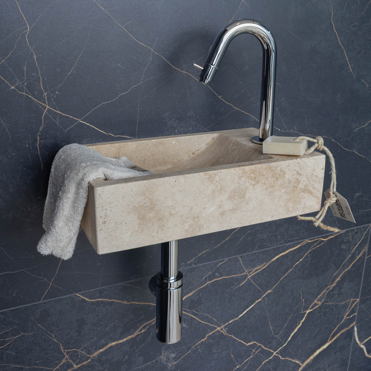 Saniclear White Travertin fonteinset met gebogen kraan in chroom