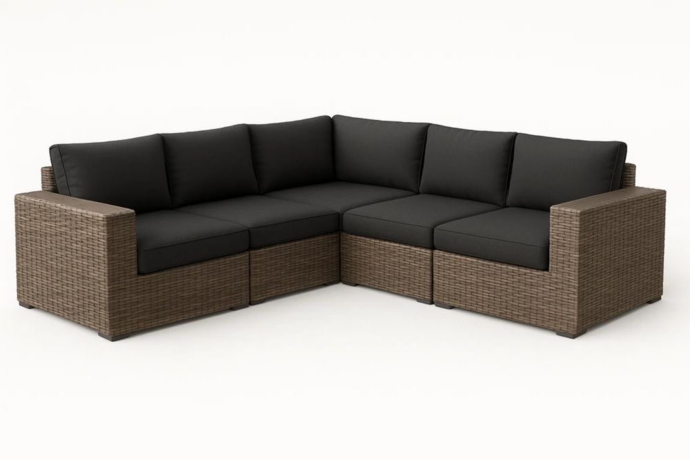 Ecksofa in Braun/Schwarz aus Polyrattan mit Sitzkissen, Sitzhöhe 40 cm, Gesamtmaße 210 cm x 210 cm x 70 cm