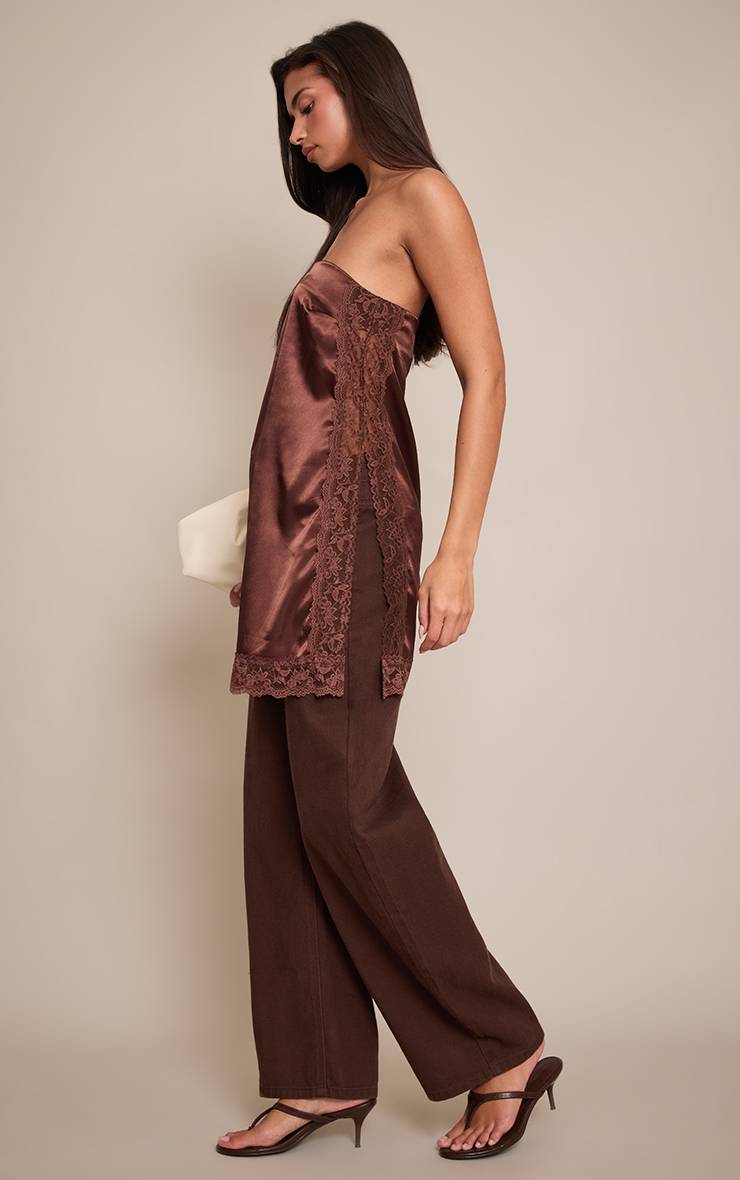 Chocolat Top Bandeau Long En Satin Avec Détails De Dentelle
