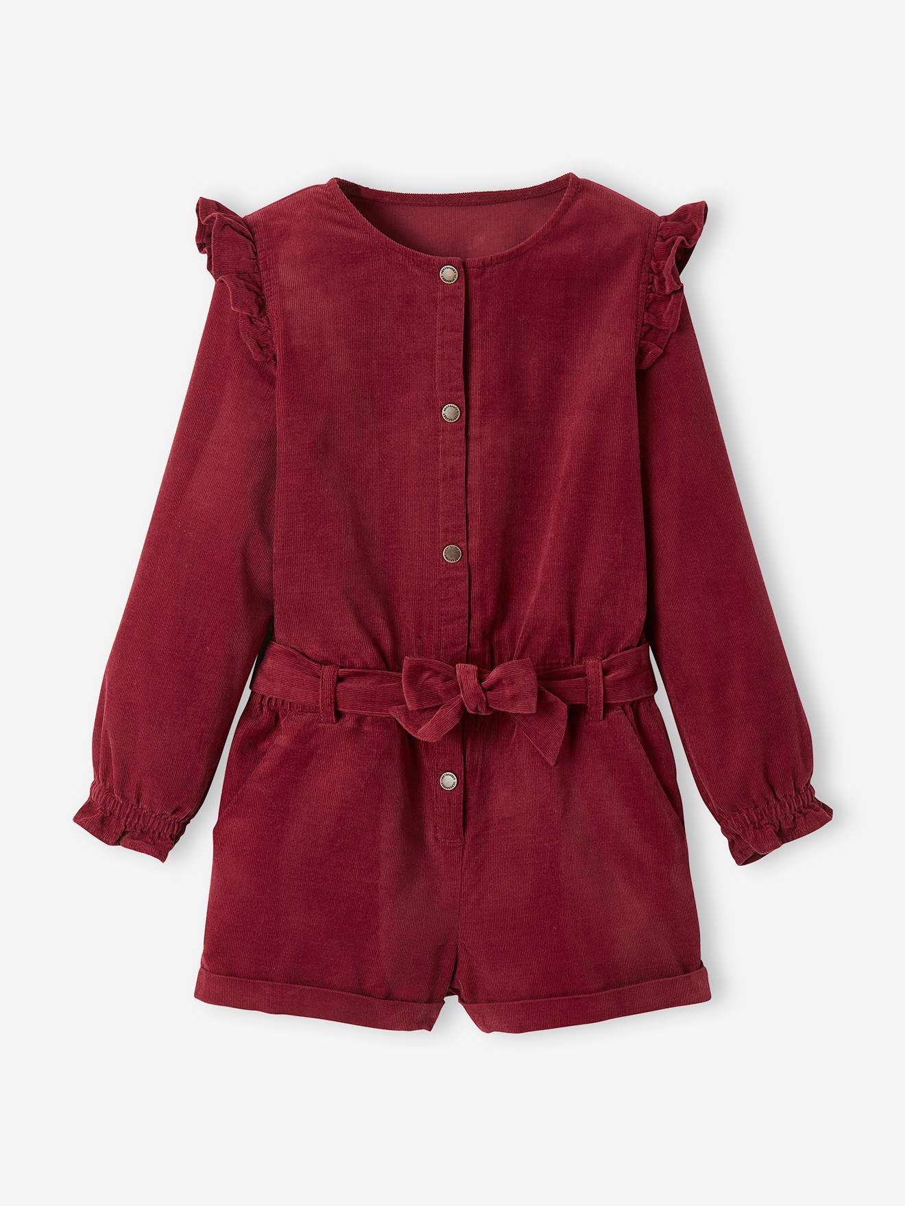 Macacão curto de veludo com babados, para meninas, vermelho escuro liso