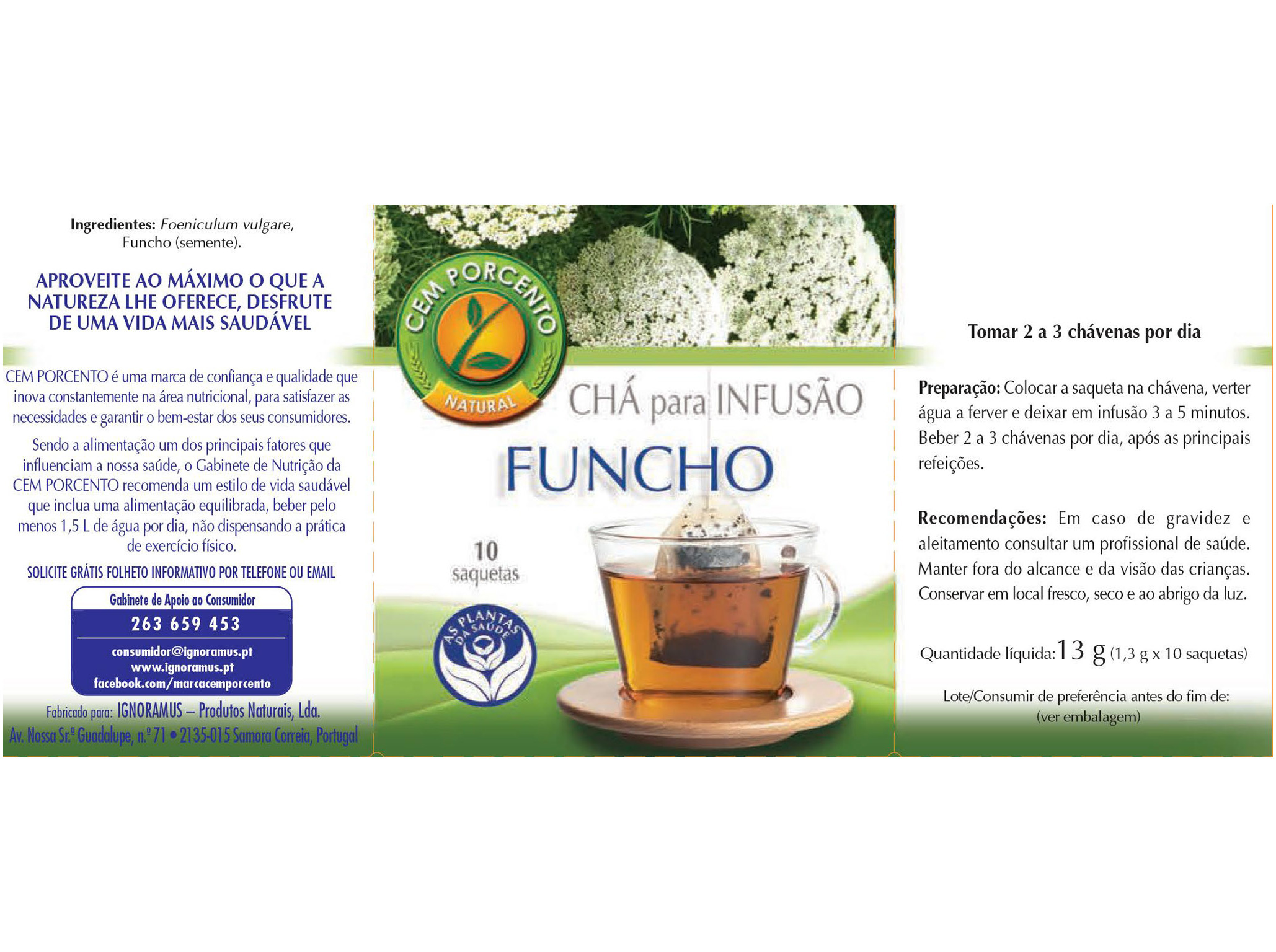 CHÁ CEM PORCENTO FUNCHO 10 SAQUETAS