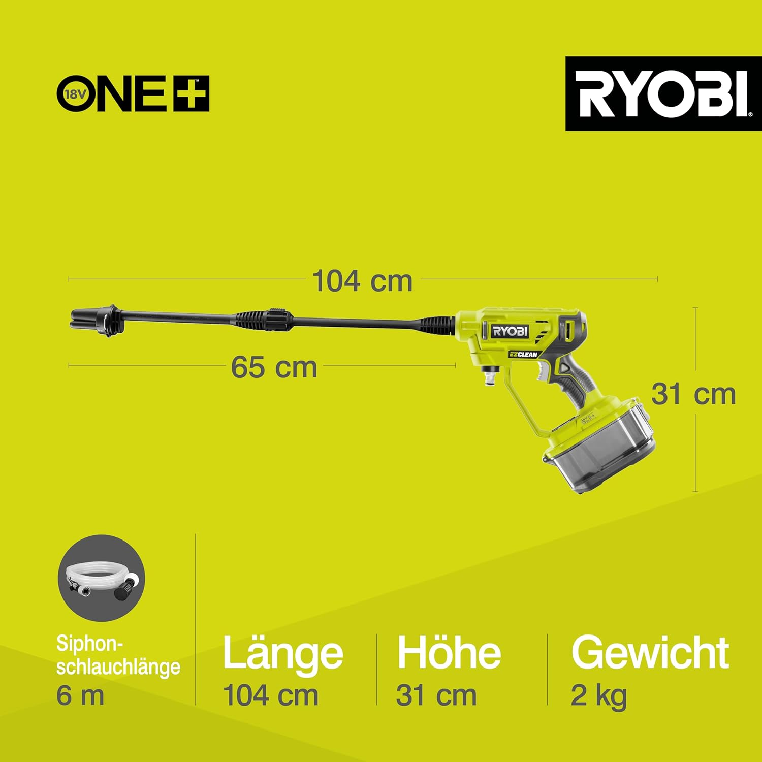 RYOBI 18 V ONE+ Akku-Mitteldruckreiniger RY18PW22A-125 (Reinigen von Fahrzeugen/Oberflächen, max. Druck 22bar, Fördermenge 182 l/h, 3-in-1 Düse, inkl. 6m Schlauch, 1x2,5Ah Akku & Ladegerät, im Karton)