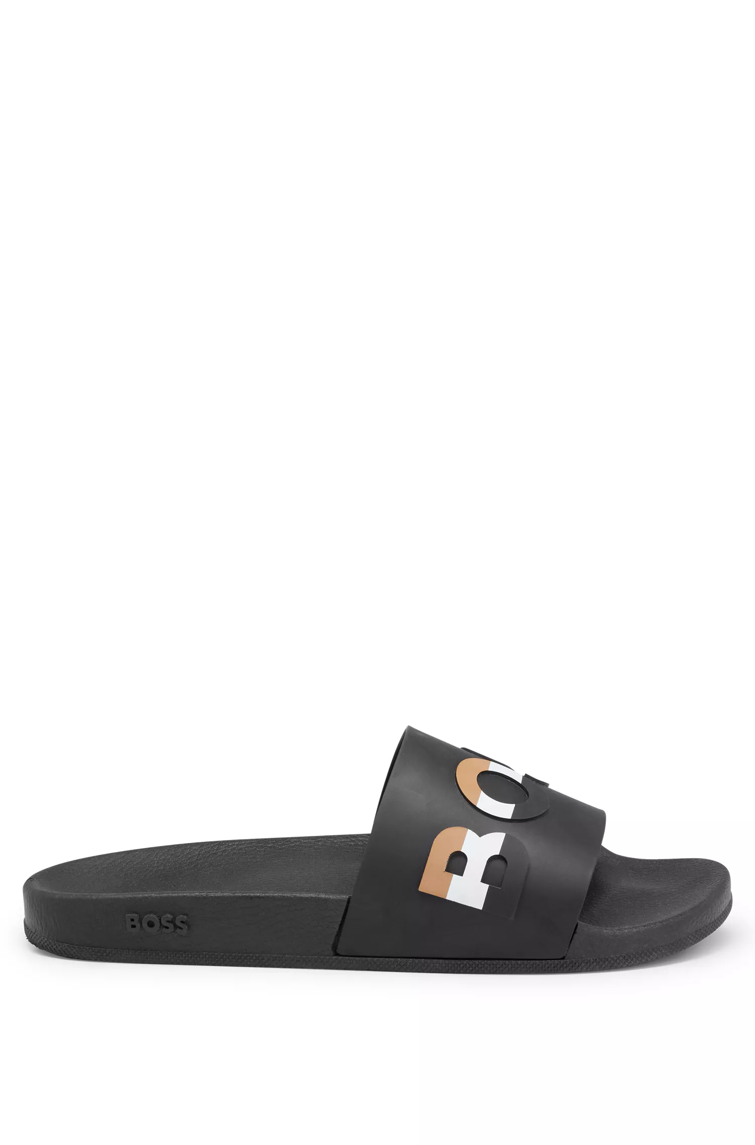 Chinelo BOSS em PVC preto com logo listrado característico e palmilha anatômica.