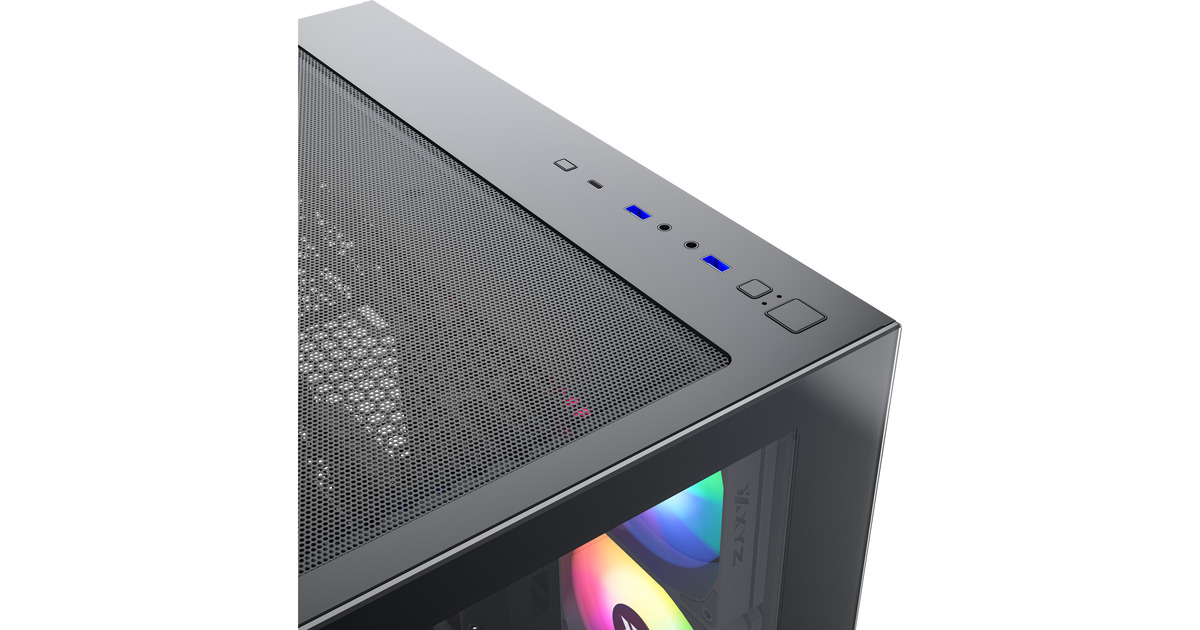XYZ PC GearTesseract X midi tower behuizing  (Zwart | 2x USB-A | 1x USB-C | Tempered Glass)