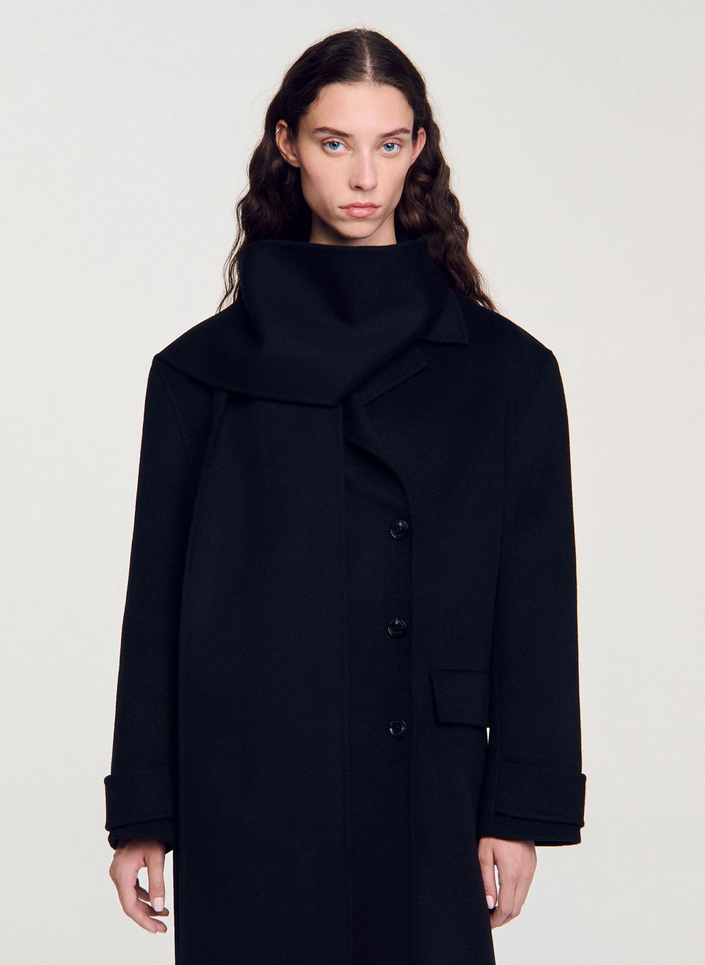 Manteau col à écharpe en laine | Noir