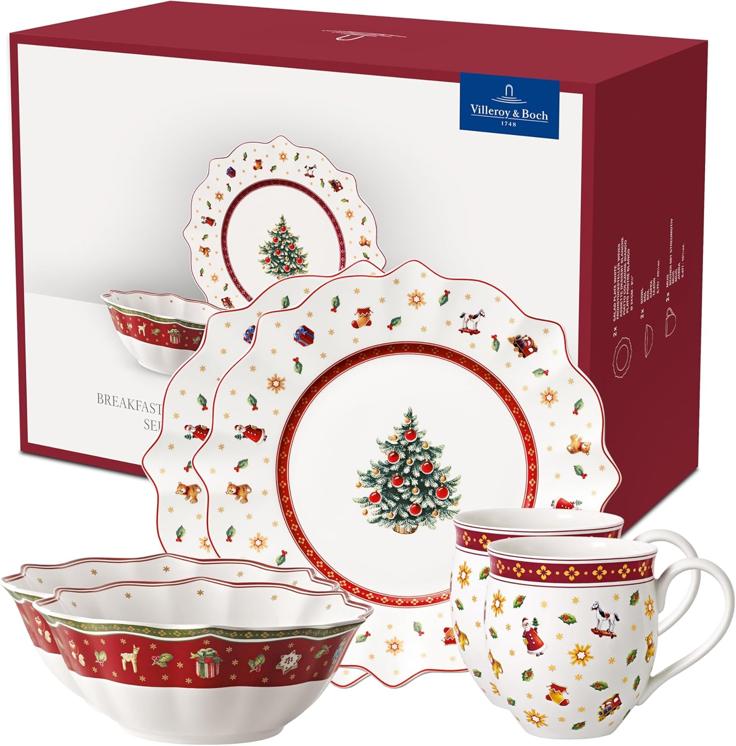 Villeroy & Boch - Toy's Delight Breakfast For Two Frühstücksservice 2 Personen 6 teilig, weiß/rot, Kaffeeservice Weihnachten, Weihnachtliches Geschirr, Weihnachtsgeschirr, Premium Porzellan