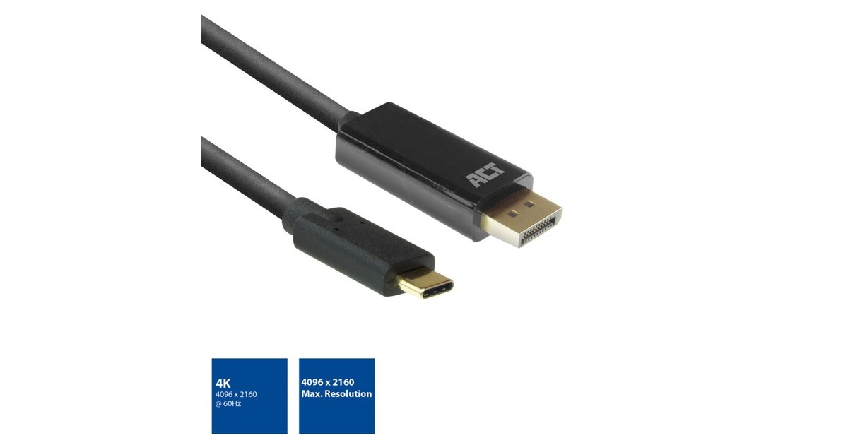 ACT ConnectivityUSB-C naar DisplayPort kabel  (Zwart, 2 meter, AC7325, 60Hz 4K (2160p))