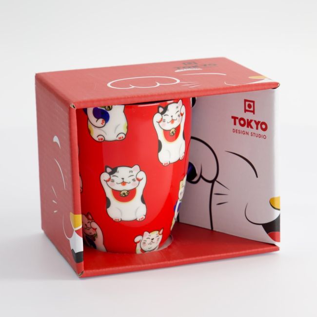 Kawaii Gelukskat Beker in Geschenkdoos Rood Klassiek Kat  8.5x10.2cm 340ml