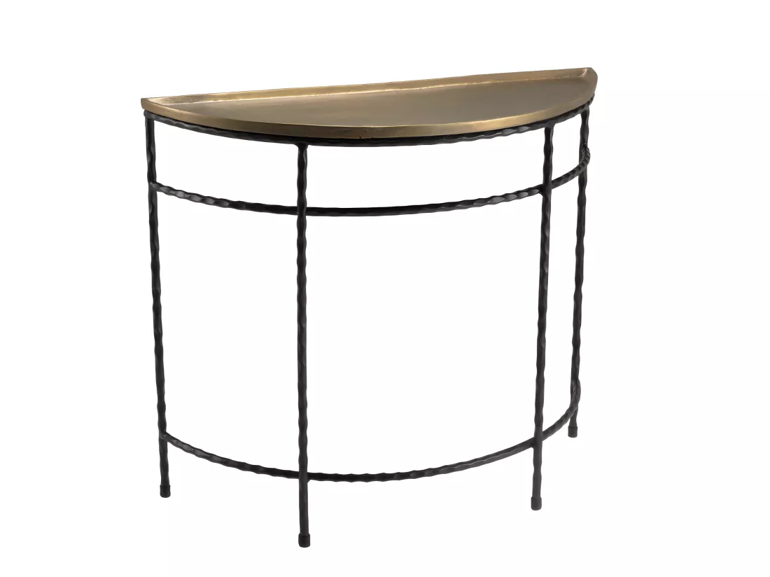 JONAS - Console demi-lune 90x36cm alu doré pieds métal noirs torsadés