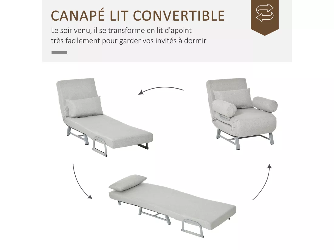Fauteuil chauffeuse canapé-lit convertible inclinable 1 place grand confort coussin lombaires accoudoirs piètement métal lin gris clair