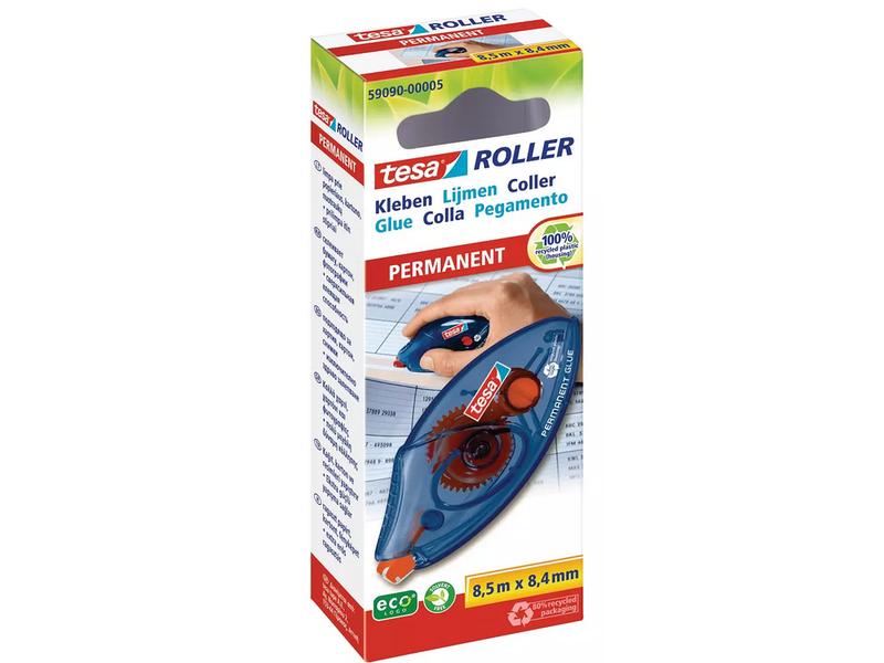 tesa Kleberoller-Set ecoLogo Permanent, 5er Pack Umweltschonender Kleberoller mit reissfestem PET-Band, 5x 8.5 m x 8.4 mm