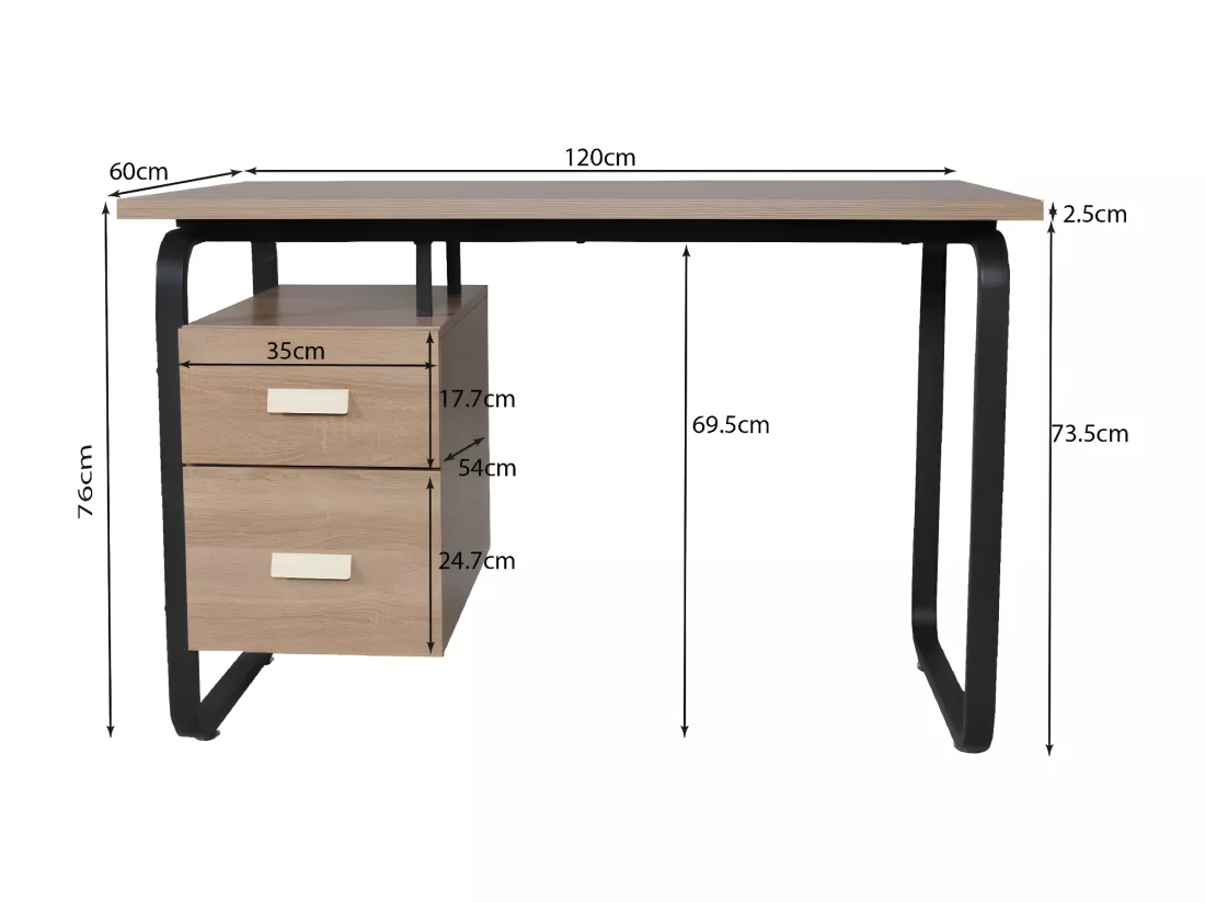 Bureau PEARL 120x60cm / Décor Chêne blanchi et métal noir