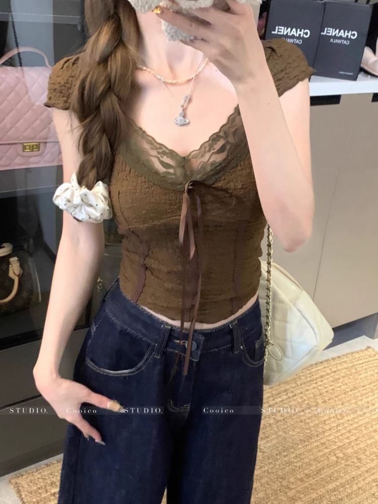Secolo - Blouse met korte mouwen, ronde hals, kanten rand en strik