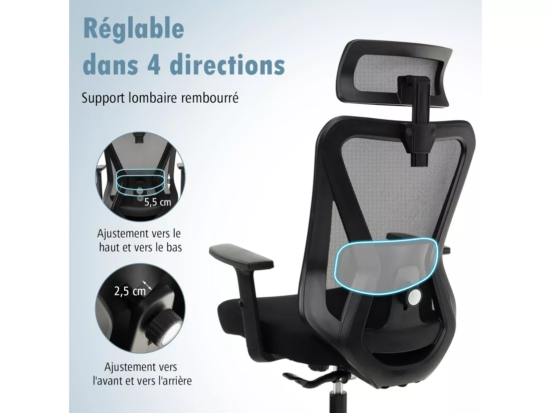 Chaise de Bureau Ergonomique, Fauteuil Bureau Pivotant Réglable en Hauteur, Dossier à Bascule de 90° à 120°, Maille Respirante, Support Lombaire, Appui-tête, Accoudoirs Ajustables, Noir