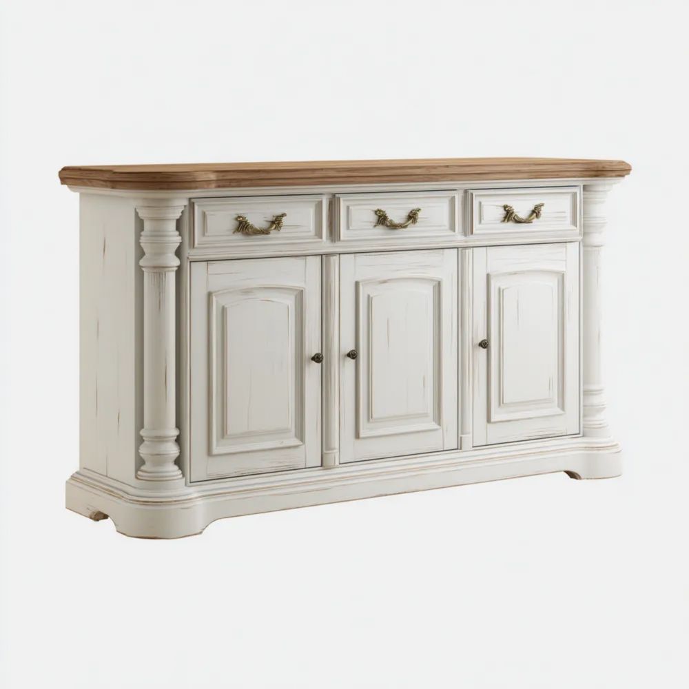 Sideboard Holz 150x45x85 cm 3 Türen 3 Schubladen – Weiß/Natürlich – Klassisches Design