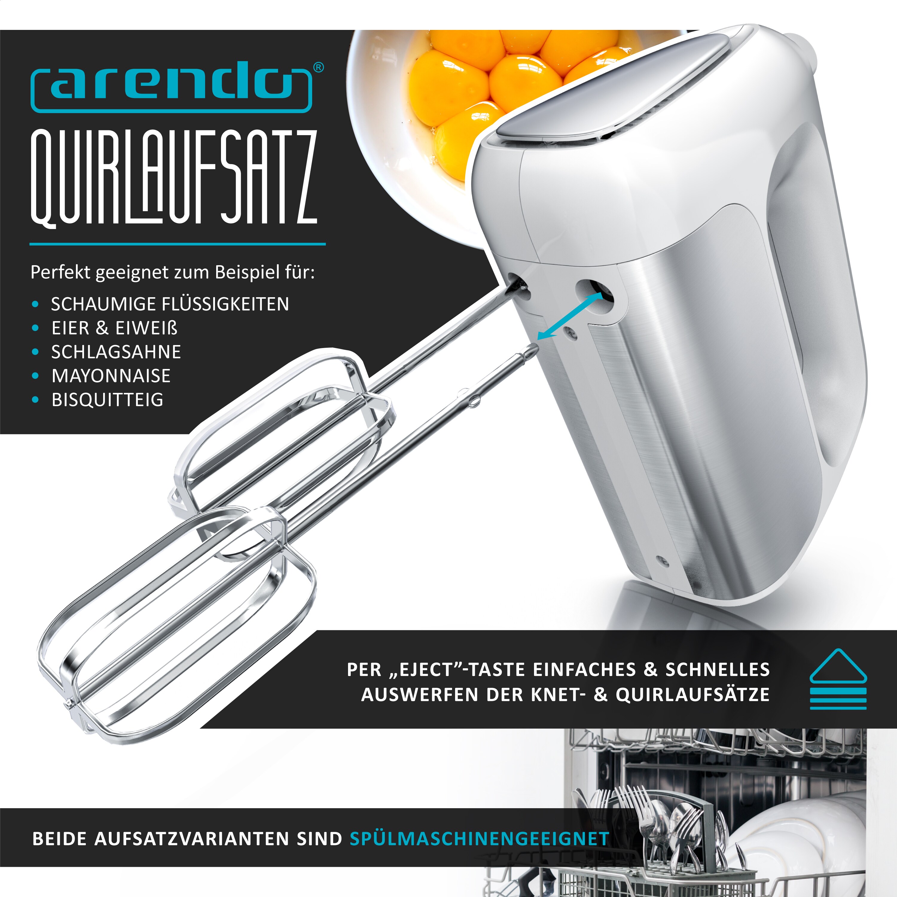 Arendo Elektrischer Handmixer Handrührer - inkl. 2 Quirle und 2 Knethaken aus Edelstahl - Handrührgerät - Hakenentriegelung - Turbotaste