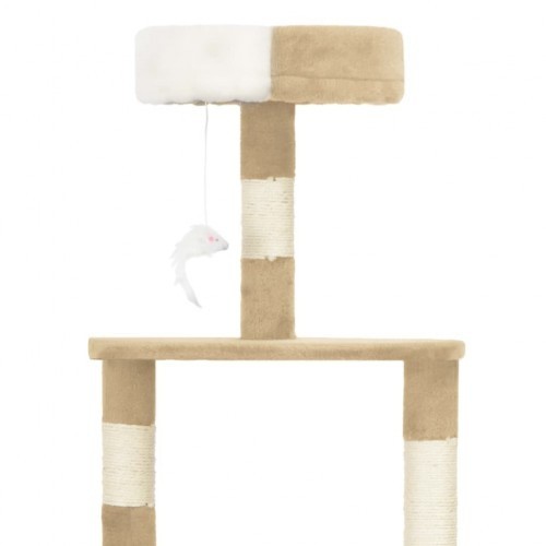 Arranhador bege para gatos com hastes de sisal.