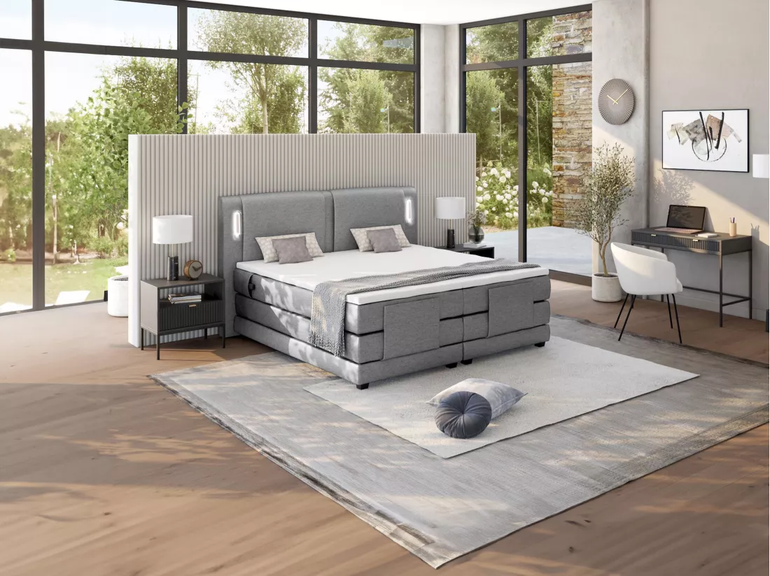 Ensemble complet boxspring tête de lit avec leds + sommiers relaxation électrique + matelas + surmatelas - 2 x 80 x 200 cm - Tissu - Gris clair - ASTEMI de PALACIO