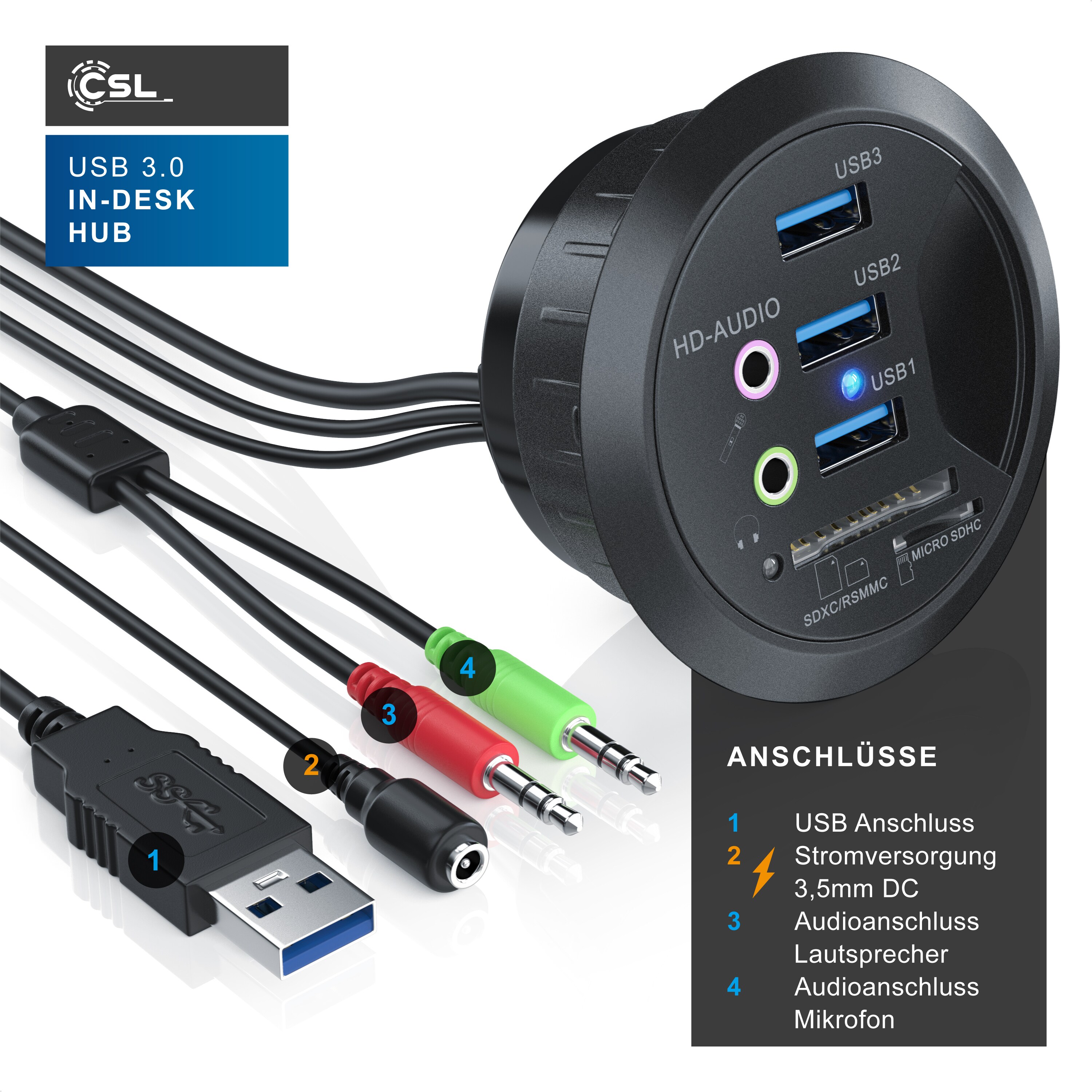 CSL Tisch USB Hub mit Kartenleser & Aux Anschluss 3x USB 3.2 Gen1/ 2x 3,5mm Klinke / microSD + SDXC