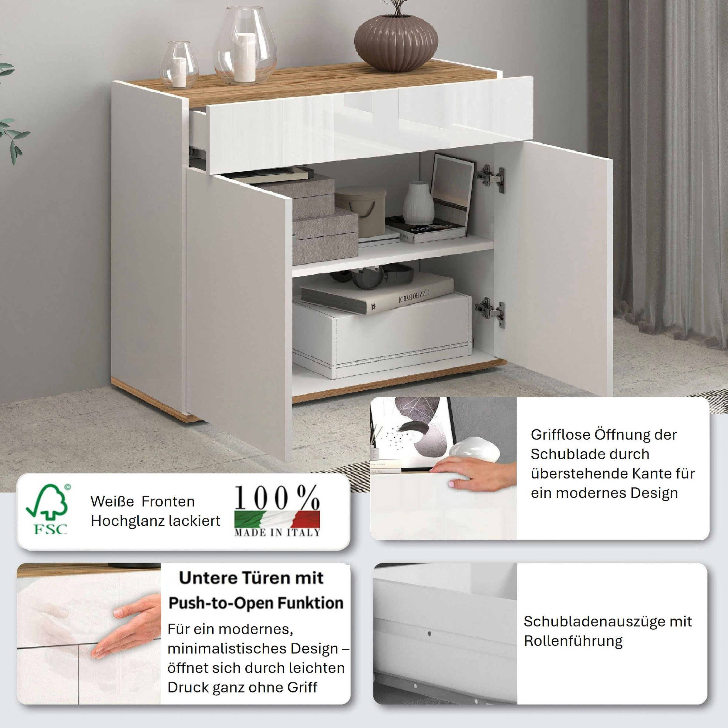 GOODproduct Sideboard »Garda, Kommode, Schrank, 2 Türen, 1 Schublade, Made in Italy« Hochglanzlackierte Fronten, Korpus matt, grifflos, Breite 80,9 cm