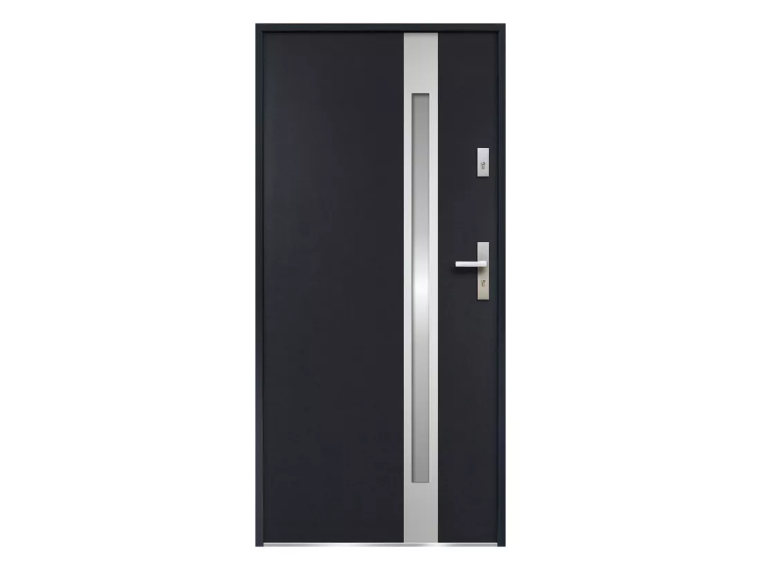 Porte d'entrée en acier vitrée avec inox H207 x L100 cm - verre dépoli - anthracite - poussant gauche - BRAGA
