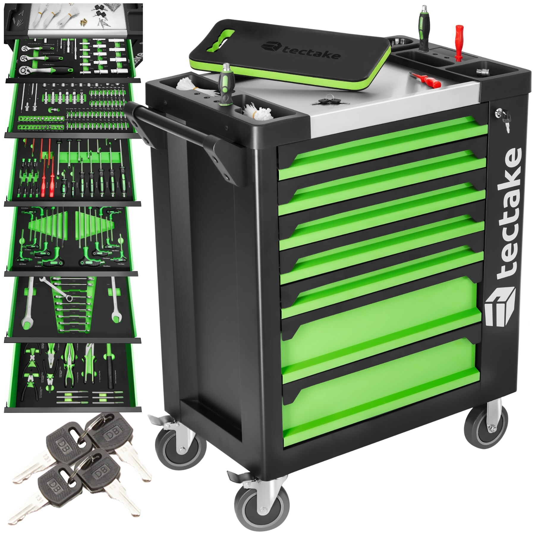 tectake® Werkzeugwagen, bestückt, 1599-teilig, 7 kugelgelagerte Schubladen, zentrale Sicherheitsverriegelung, Rollen Ø 124 mm, Inklusive Kniebrett