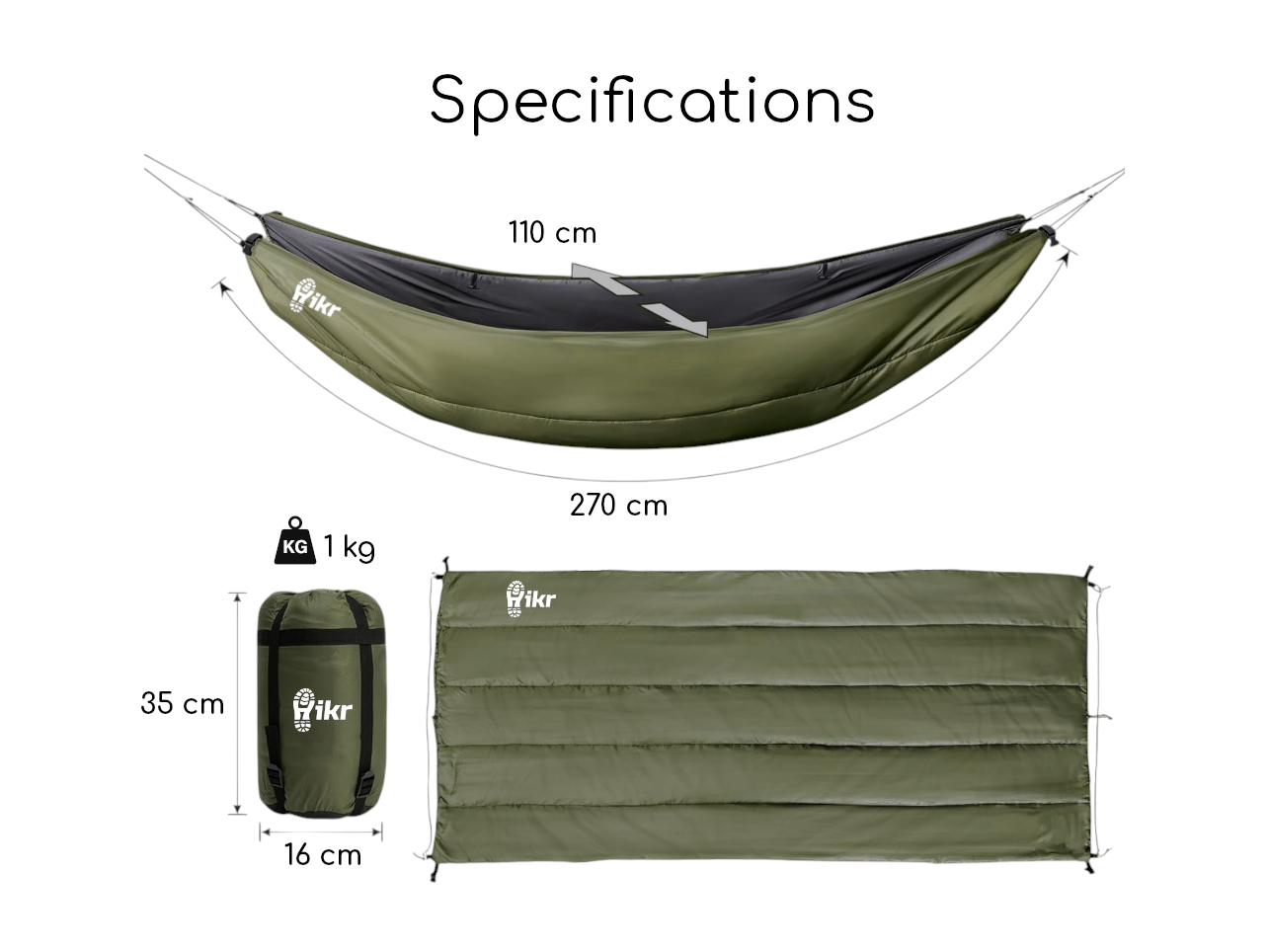 Hikr 270 x 110 cm hangmat onderdeken - Green