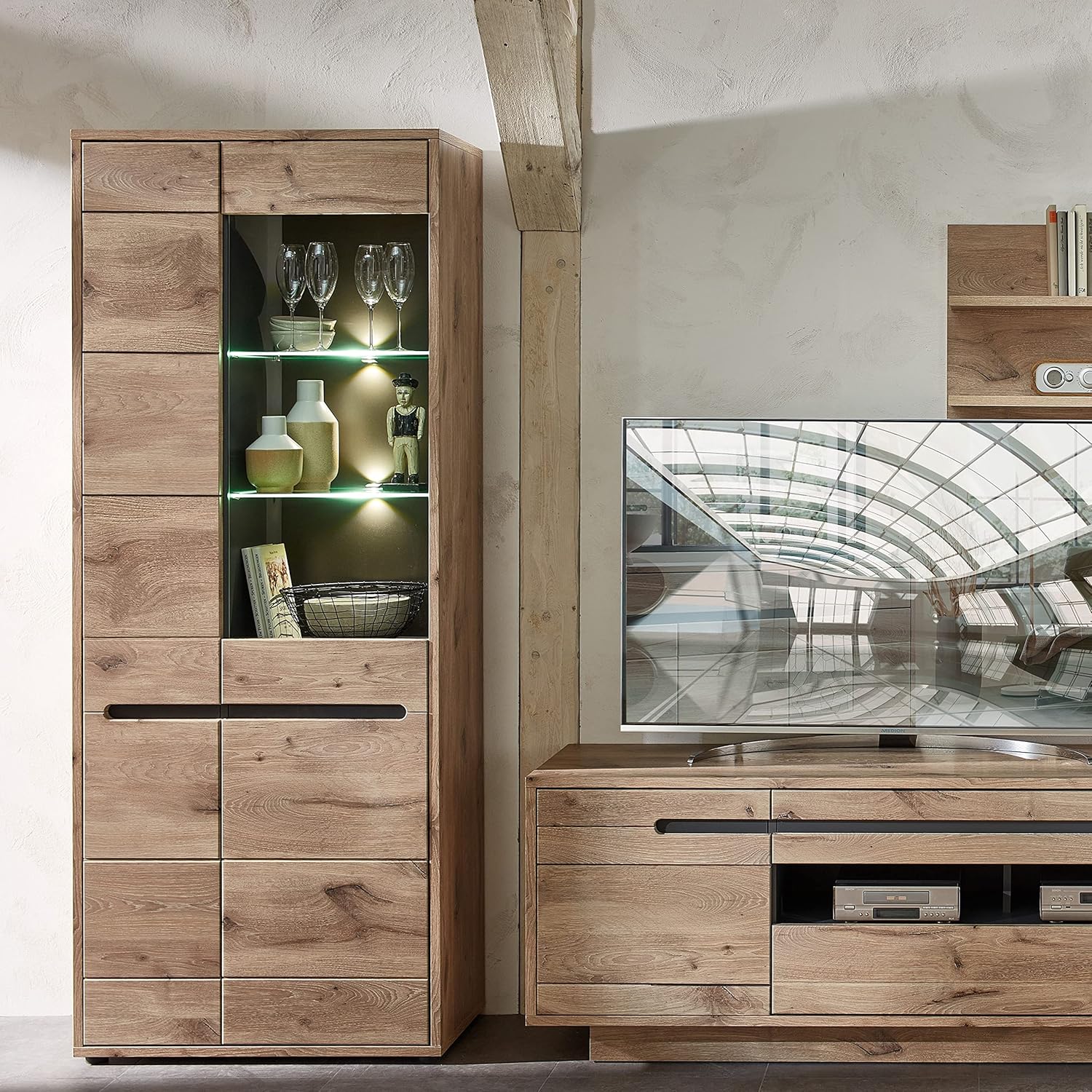 Stella Trading BELLANO Vitrine in Viking Eiche Optik, Graphit - Moderner Vitrinenschrank mit LED-Beleuchtung und viel Stauraum - 80 x 202 x 38 cm (B/H/T)