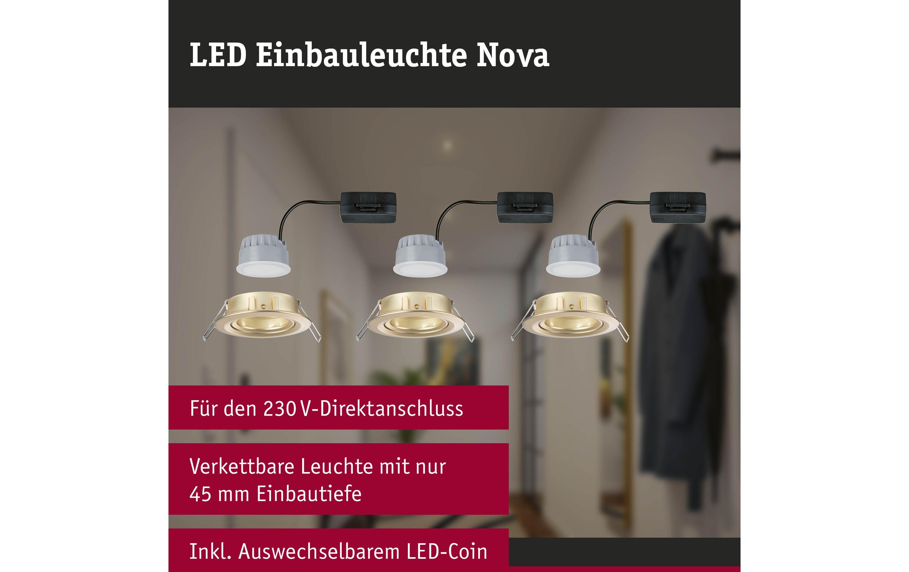 Einbauleuchte LED Nova Coin Basisset schwenkbar 3er-Set GoldDimmbare runde Einbauleuchte