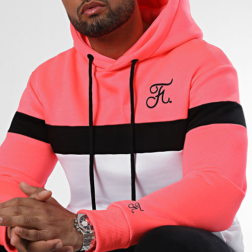 Sweat Capuche Tricolore Avec Broderie 1026 Blanc Rose Fluo