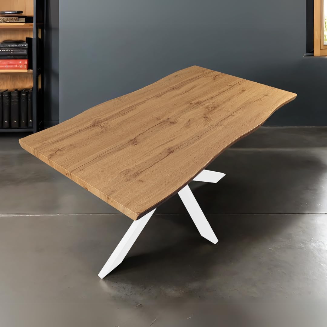 Esstisch 120x80 cm Holz 40mm Eiche-Optik, Spider Gestell weiß, Baumkantentisch aus Holz, Casa Massiva