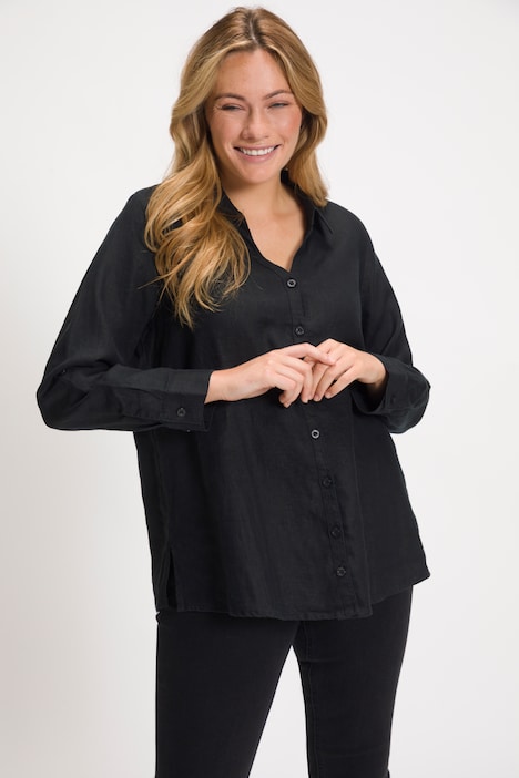 Bluse, Leinen, offener Kragen, Langarm