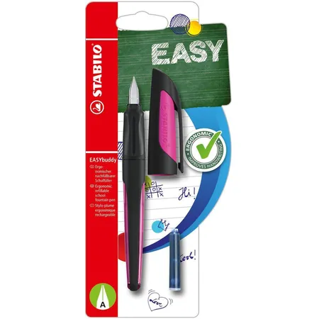 Schulfüller mit Anfänger-Feder A - STABILO EASYbuddy in schwarz/magenta - Schreibfarbe blau (löschbar) - Einzelstift - inklusive Patrone