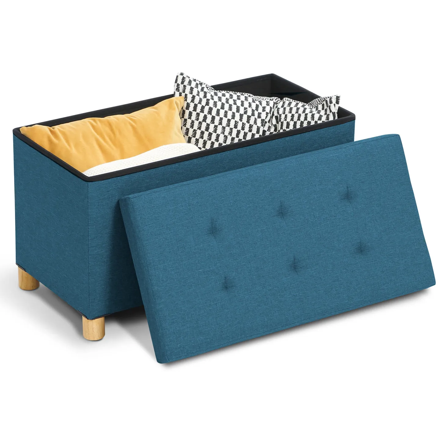 Banc coffre rangement sur pieds 76 cm tissu bleu canard